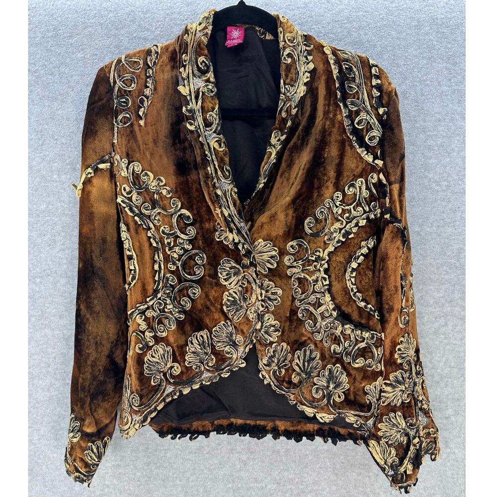 VTG Sandy Starkman Women's S Bronze Velvet Blazer Applique Baroque Bohemian RARE